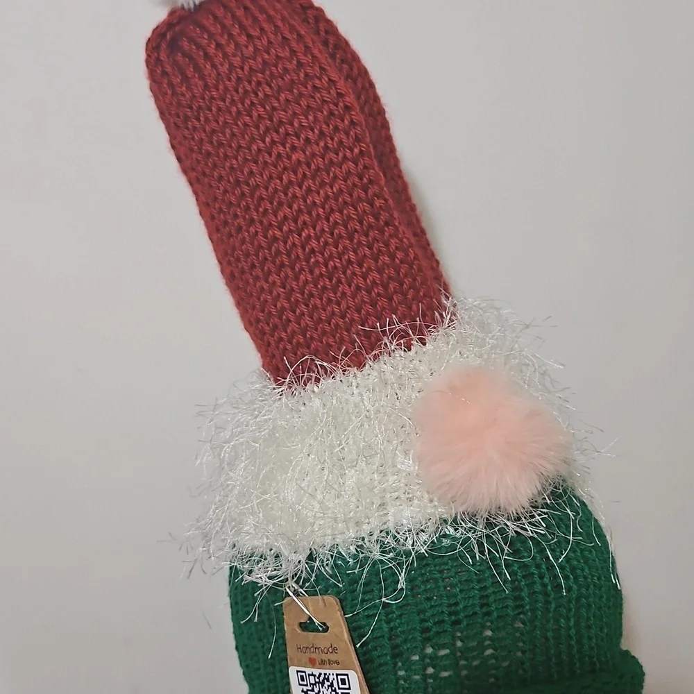 Hand Crafted Kids Festive Red Green Knit  Gnome Hat Faux Fur Beanie Hat Crochet